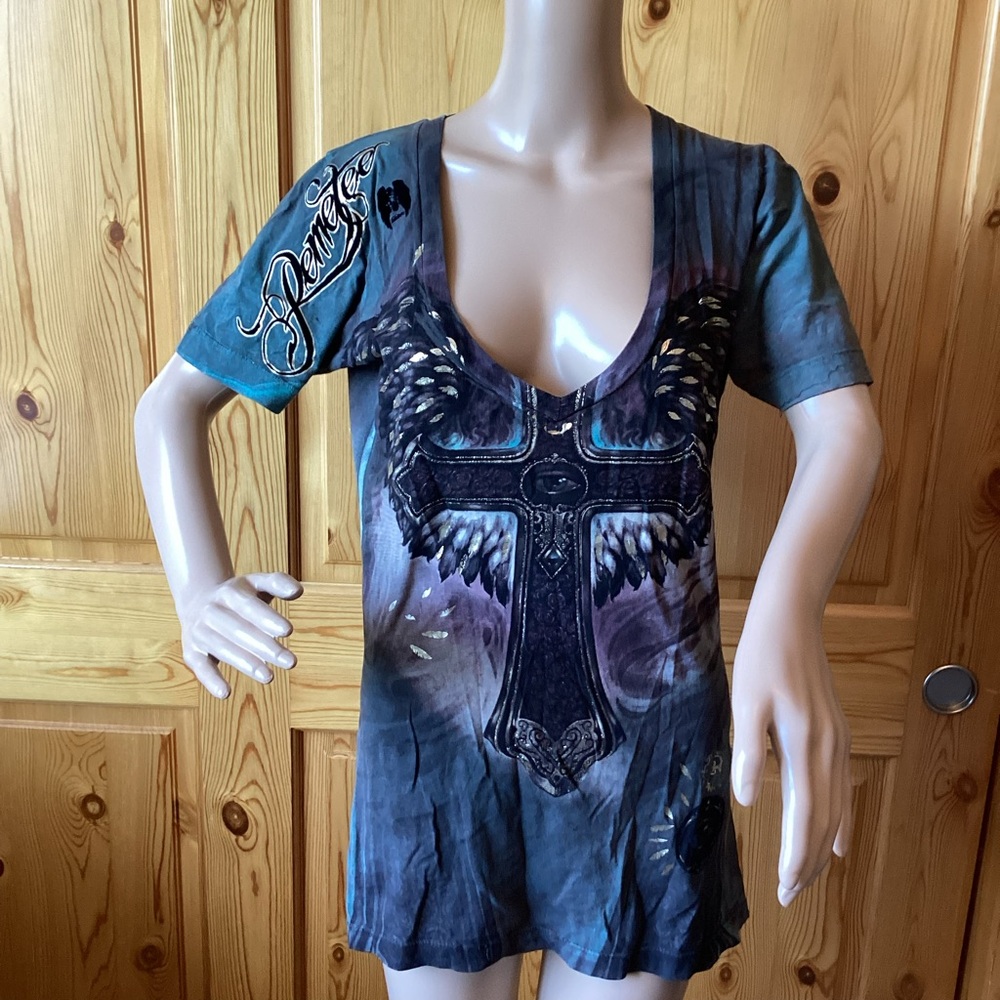 Vintage Remetee Tee T Shirt Womens L Black Purple Angel Wings Gothic Crucifix